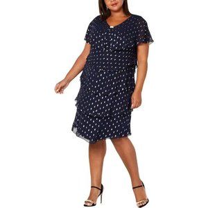 Slny Women’s Blue Polyester Short Sleeve Embellished Flutter Sleeve Midi Dress